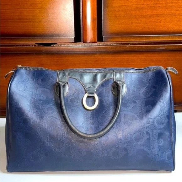 DIOR VINTAGE BLUE MONOGRAM COATED CANVAS BOSTON BAG - Picture 1 of 16